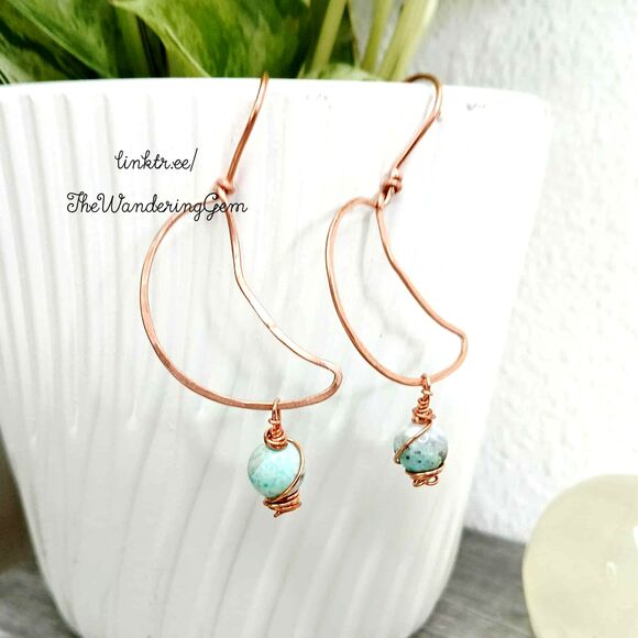 Upcycled Hammered Copper Crescent Moon Dangle Earrings, Gemstone Agate 2.5" - Picture 3 of 5